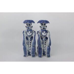 Chinoiserie Monkey Candlestick Holders, White Delft Style Pair